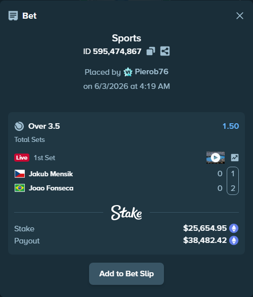 Bet slip: Jakub Mensik - Joao Fonseca, $23,297.00 stake at 1.50 odds, placed by Pierob76