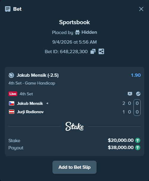 Bet slip: Jakub Mensik - Jurji Rodionov, $20,000.00 stake at 1.90 odds, placed by Hidden