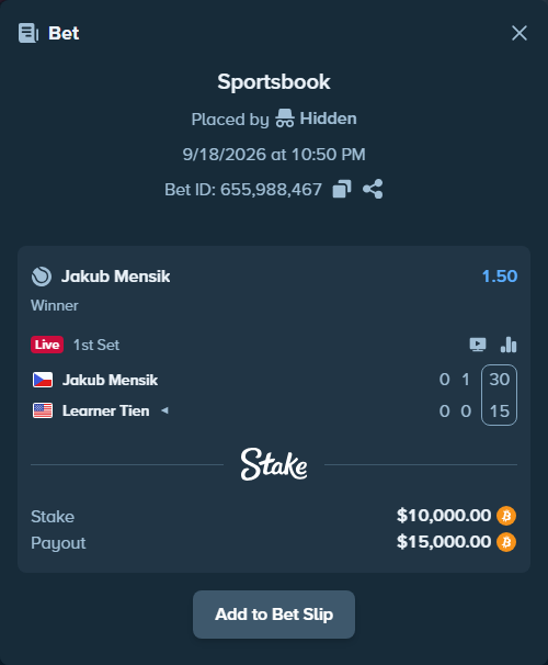 Bet slip: Jakub Mensik - Learner Tien, $10,345.86 stake at 1.50 odds, placed by Hidden