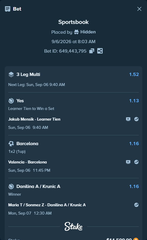Bet slip: Jakub Mensik - Learner Tien, $11,513.19 stake at 1.13 odds, placed by Hidden