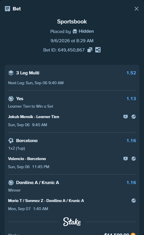 Bet slip: Jakub Mensik - Learner Tien, $11,097.04 stake at 1.13 odds, placed by Hidden