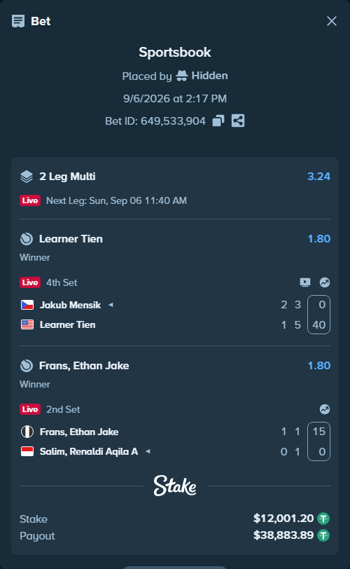 Bet slip: Jakub Mensik - Learner Tien, $12,000.00 stake at 1.80 odds, placed by Hidden