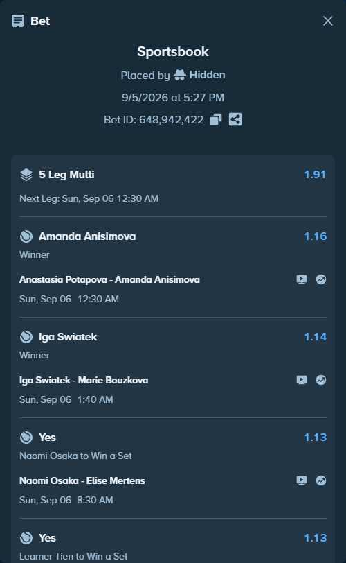 Bet slip: Jakub Mensik - Learner Tien, $9,421.15 stake at 1.13 odds, placed by Hidden