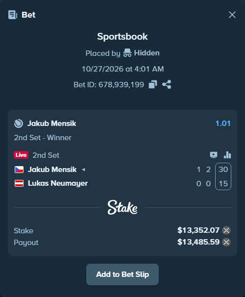 Bet slip: Jakub Mensik - Lukas Neumayer, $13,361.95 stake at 1.01 odds, placed by Hidden