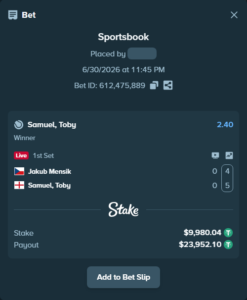 Bet slip: Jakub Mensik - Samuel, Toby, $10,000.00 stake at 2.40 odds, placed by Sean0101