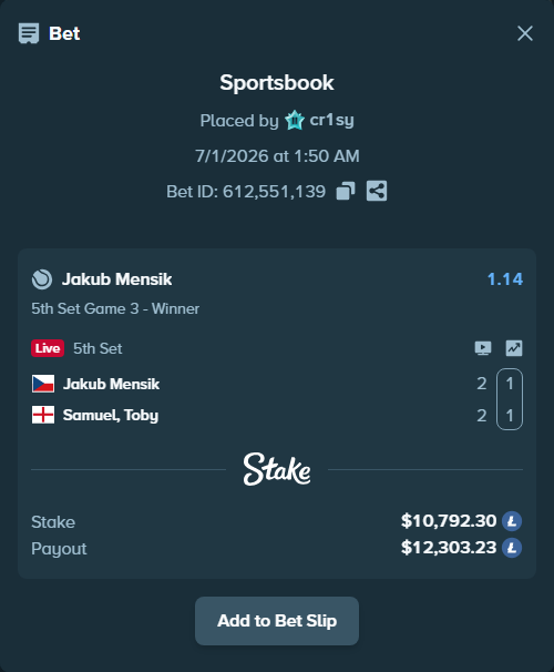 Bet slip: Jakub Mensik - Samuel, Toby, $11,700.91 stake at 1.14 odds, placed by cr1sy