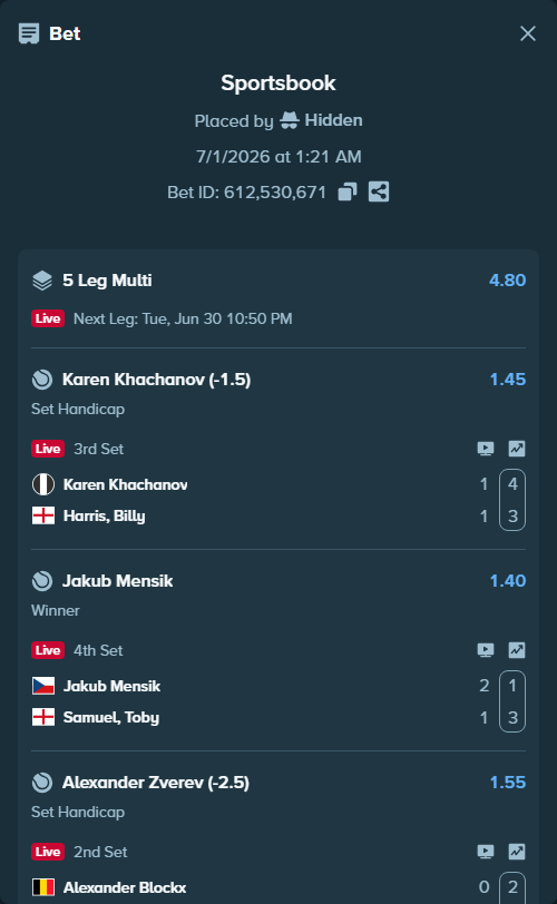 Bet slip: Jakub Mensik - Samuel, Toby, $29,058.00 stake at 1.40 odds, placed by Hidden