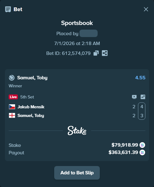 Bet slip: Jakub Mensik - Samuel, Toby, $89,988.98 stake at 4.55 odds, placed by Prettylfacko98