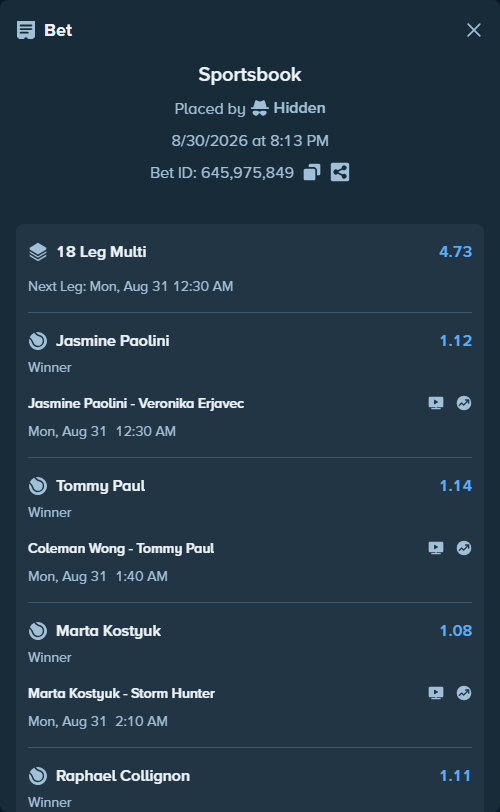 Bet slip: Jakub Mensik - Shintaro Mochizuki, $100,000.00 stake at 1.09 odds, placed by Hidden