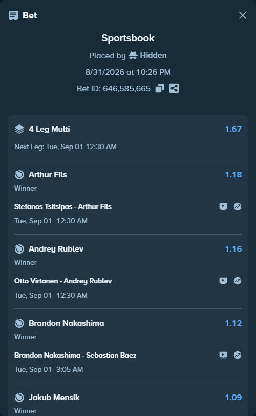 Bet slip: Jakub Mensik - Shintaro Mochizuki, $100,000.00 stake at 1.09 odds, placed by Hidden
