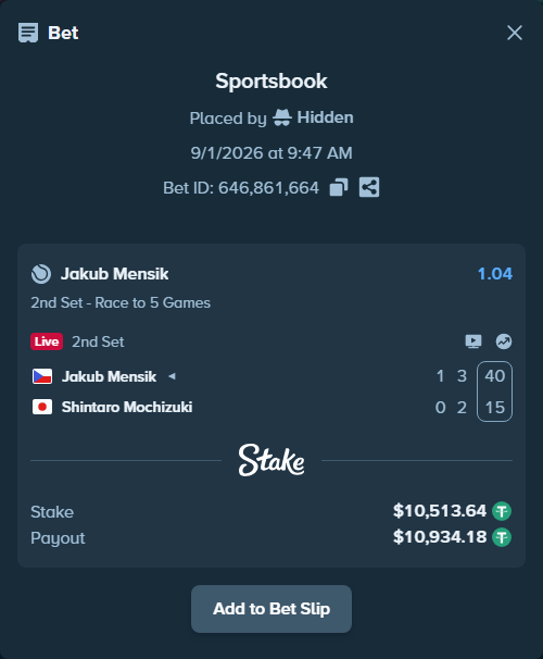 Bet slip: Jakub Mensik - Shintaro Mochizuki, $10,513.64 stake at 1.04 odds, placed by Hidden