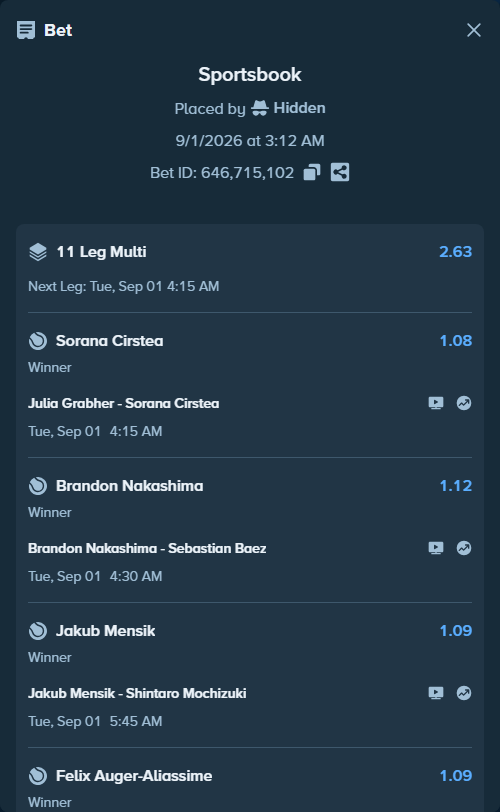 Bet slip: Jakub Mensik - Shintaro Mochizuki, $125,000.00 stake at 1.09 odds, placed by Hidden