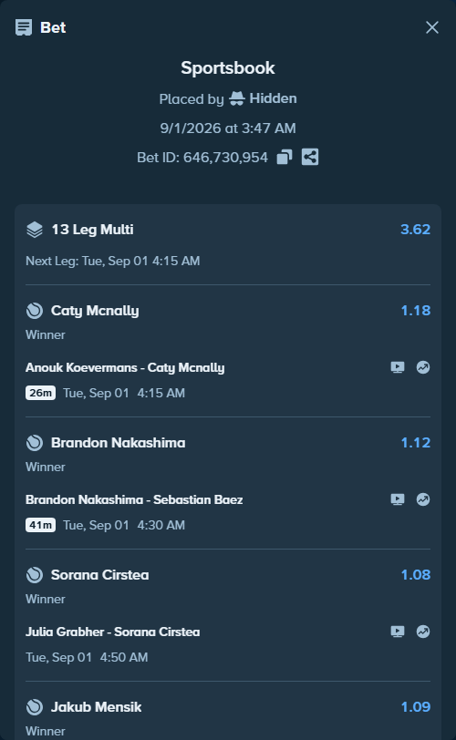 Bet slip: Jakub Mensik - Shintaro Mochizuki, $125,000.00 stake at 1.09 odds, placed by Hidden