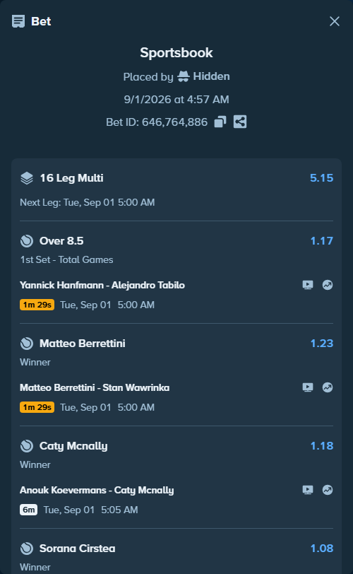 Bet slip: Jakub Mensik - Shintaro Mochizuki, $125,000.00 stake at 1.09 odds, placed by Hidden