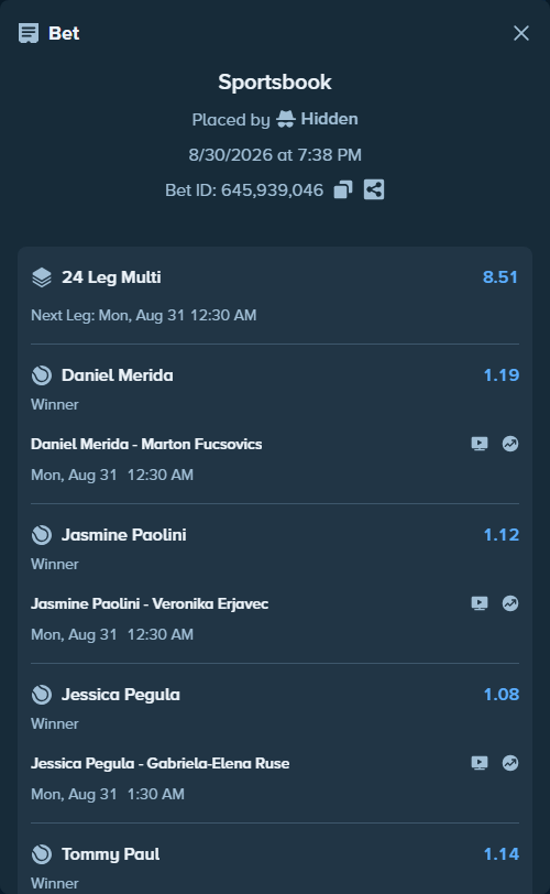 Bet slip: Jakub Mensik - Shintaro Mochizuki, $75,000.00 stake at 1.09 odds, placed by Hidden