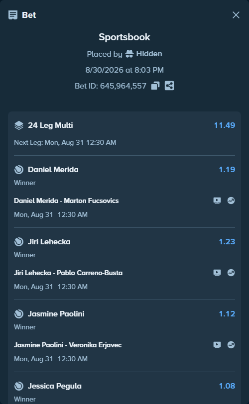 Bet slip: Jakub Mensik - Shintaro Mochizuki, $75,000.00 stake at 1.09 odds, placed by Hidden