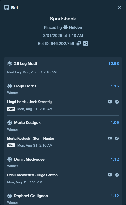Bet slip: Jakub Mensik - Shintaro Mochizuki, $75,000.00 stake at 1.09 odds, placed by Hidden