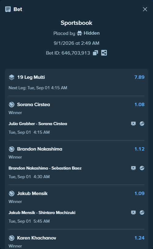 Bet slip: Jakub Mensik - Shintaro Mochizuki, $75,000.00 stake at 1.09 odds, placed by Hidden