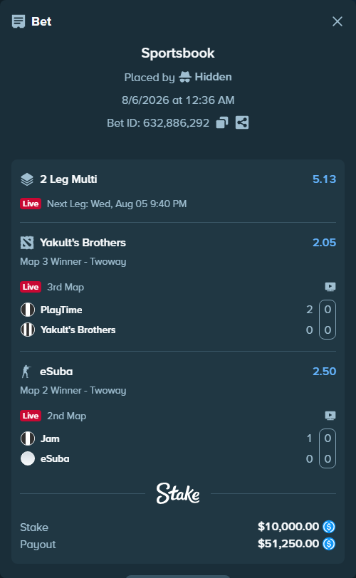 Bet slip: Jam - eSuba, $10,000.00 stake at 2.50 odds, placed by Hidden