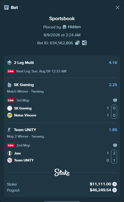 Bet slip: Jam - Team UNiTY, $11,135.59 stake at 1.85 odds, placed by Hidden