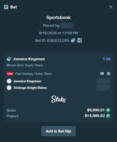 Bet slip: Jamaica Kingsmen - Trinbago Knight Riders, $10,000.00 stake at 1.50 odds, placed by Raja6457