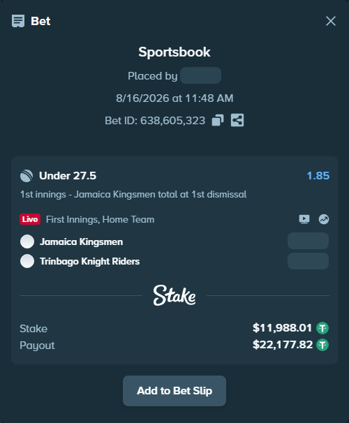 Bet slip: Jamaica Kingsmen - Trinbago Knight Riders, $12,000.00 stake at 1.85 odds, placed by Munni12300