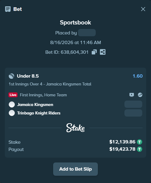 Bet slip: Jamaica Kingsmen - Trinbago Knight Riders, $12,152.00 stake at 1.60 odds, placed by Munni12300