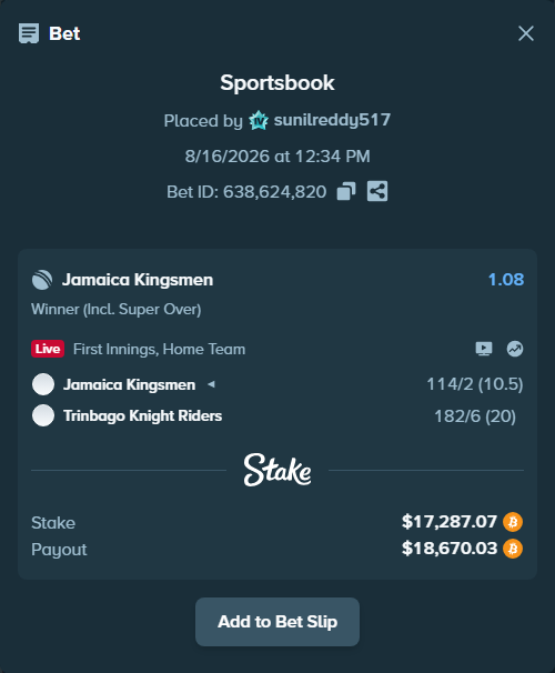 Bet slip: Jamaica Kingsmen - Trinbago Knight Riders, $17,282.28 stake at 1.08 odds, placed by sunilreddy517