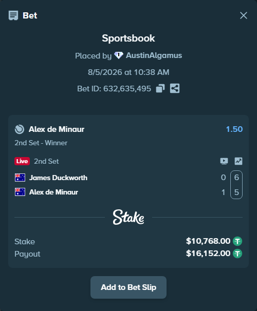 Bet slip: James Duckworth - Alex de Minaur, $10,778.77 stake at 1.50 odds, placed by AustinAlgamus