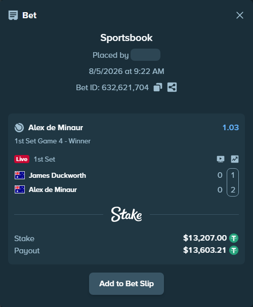 Bet slip: James Duckworth - Alex de Minaur, $13,220.21 stake at 1.03 odds, placed by tadubu64