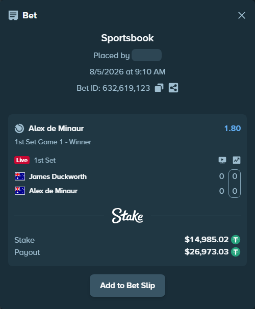 Bet slip: James Duckworth - Alex de Minaur, $15,000.00 stake at 1.80 odds, placed by Jude1112