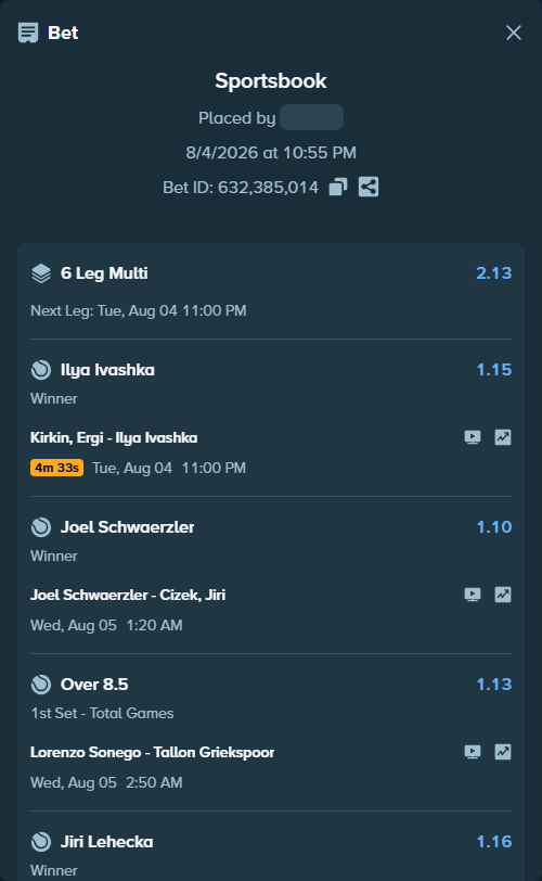 Bet slip: James Duckworth - Alex de Minaur, $39,782.36 stake at 1.10 odds, placed by EaurigaT
