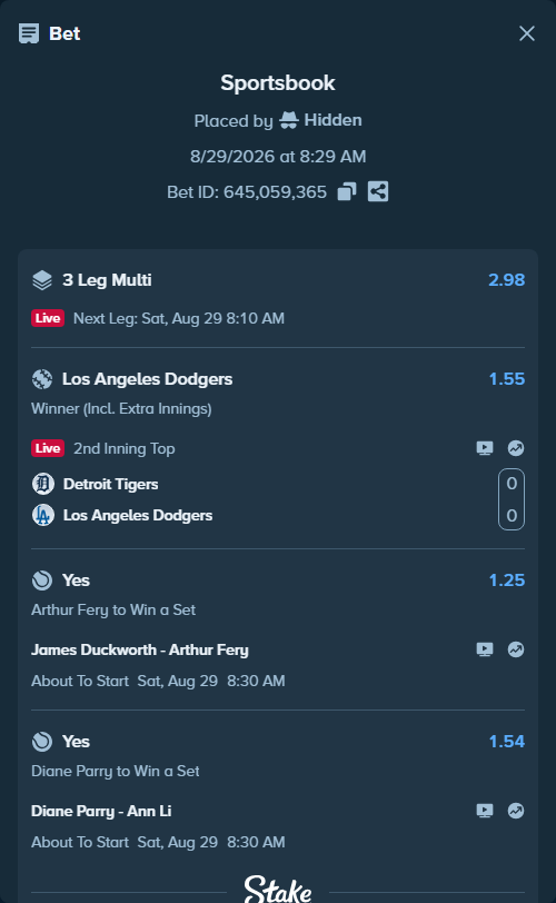 Bet slip: James Duckworth - Arthur Fery, $17,393.18 stake at 1.25 odds, placed by Hidden