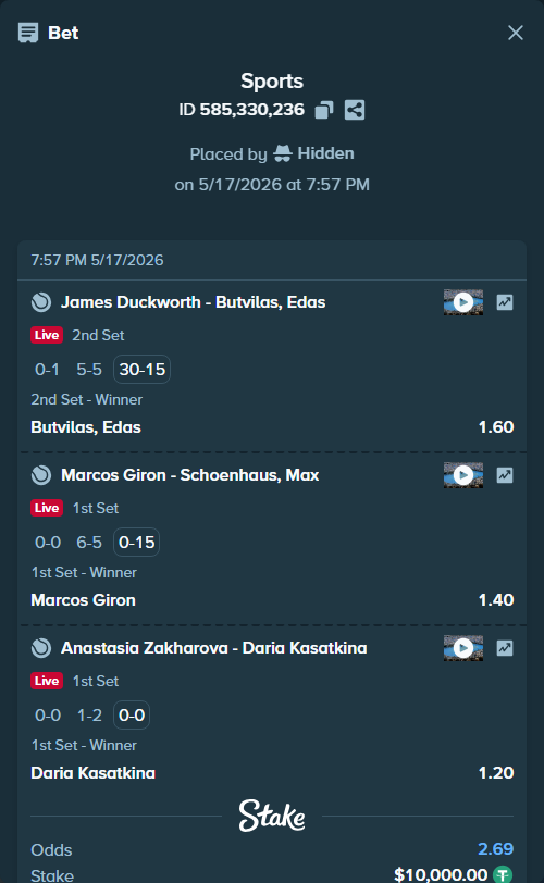 Bet slip: James Duckworth - Butvilas, Edas, $10,000.00 stake at 1.60 odds, placed by Hidden