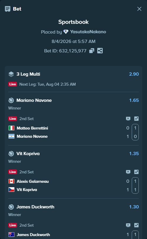 Bet slip: James Duckworth - Christopher O'Connell, $10,000.00 stake at 1.30 odds, placed by YasutakaNakano