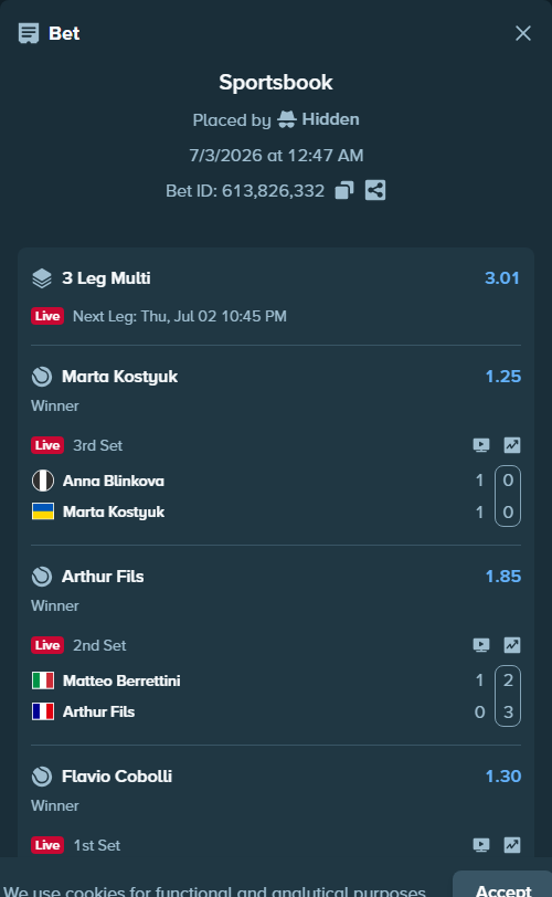 Bet slip: James Duckworth - Flavio Cobolli, $204,060.59 stake at 1.30 odds, placed by Hidden
