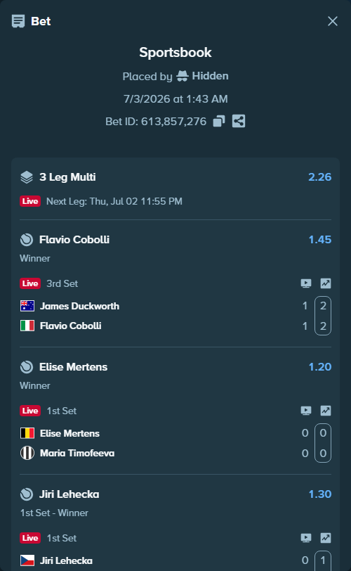 Bet slip: James Duckworth - Flavio Cobolli, $305,844.44 stake at 1.45 odds, placed by Hidden