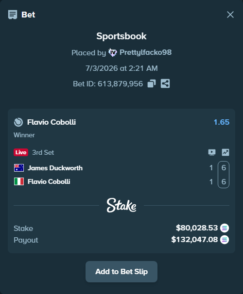 Bet slip: James Duckworth - Flavio Cobolli, $81,818.57 stake at 1.65 odds, placed by Prettylfacko98