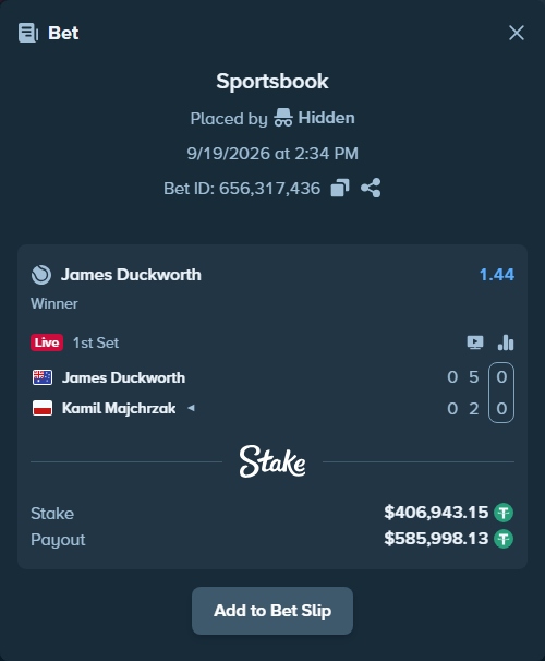 Bet slip: James Duckworth - Kamil Majchrzak, $406,943.15 stake at 1.44 odds, placed by Hidden