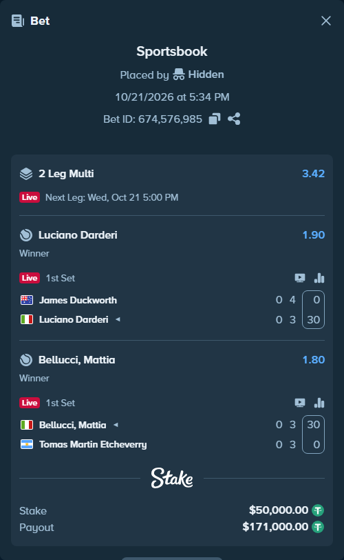 Bet slip: James Duckworth - Luciano Darderi, $50,050.00 stake at 1.90 odds, placed by Hidden