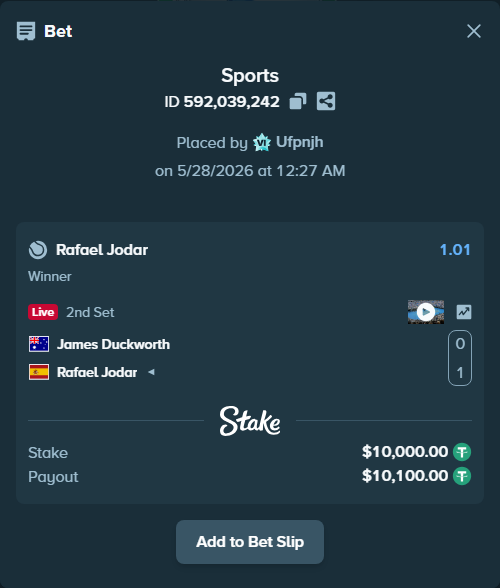 Bet slip: James Duckworth - Rafael Jodar, $10,010.00 stake at 1.01 odds, placed by Ufpnjh