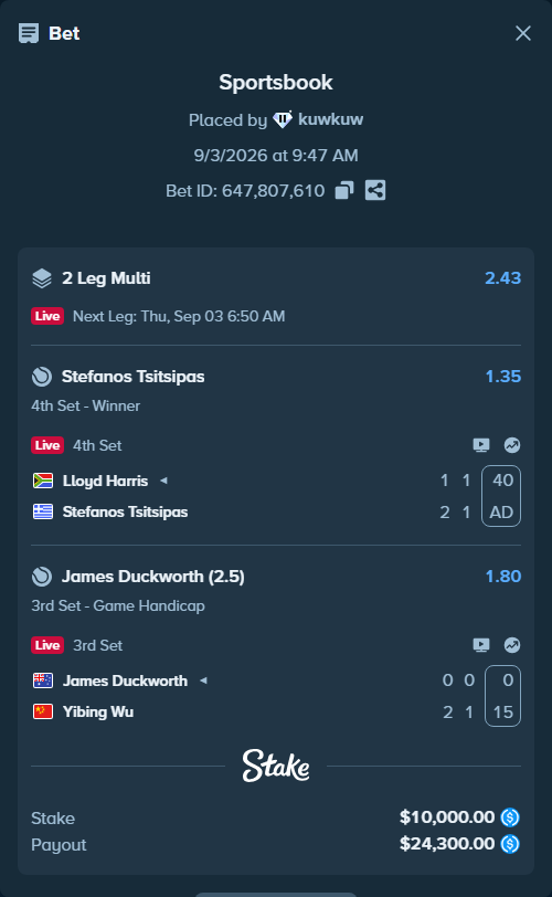 Bet slip: James Duckworth - Yibing Wu, $10,000.00 stake at 1.80 odds, placed by kuwkuw