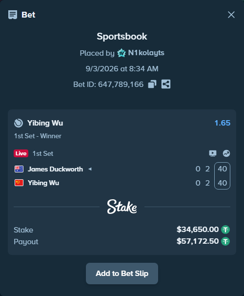 Bet slip: James Duckworth - Yibing Wu, $34,650.00 stake at 1.65 odds, placed by N1kolayts