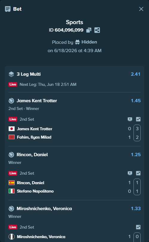Bet slip: James Kent Trotter - Fahim, Ilyas Milad, $13,895.00 stake at 1.45 odds, placed by Hidden