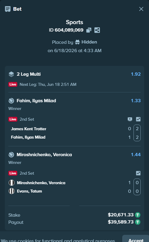Bet slip: James Kent Trotter - Fahim, Ilyas Milad, $20,692.00 stake at 1.33 odds, placed by Hidden