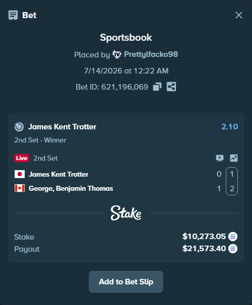 Bet slip: James Kent Trotter - George, Benjamin Thomas, $9,846.89 stake at 2.10 odds, placed by Prettylfacko98
