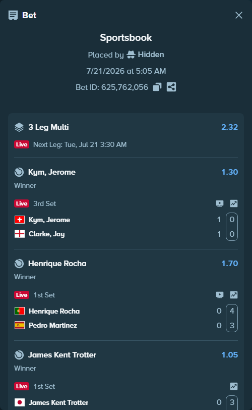 Bet slip: James Kent Trotter - Kokoro Isomura, $15,000.00 stake at 1.05 odds, placed by Hidden