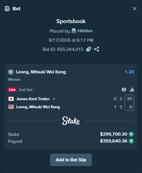 Bet slip: James Kent Trotter - Leong, Mitsuki Wei Kang, $300,000.00 stake at 1.20 odds, placed by Hidden