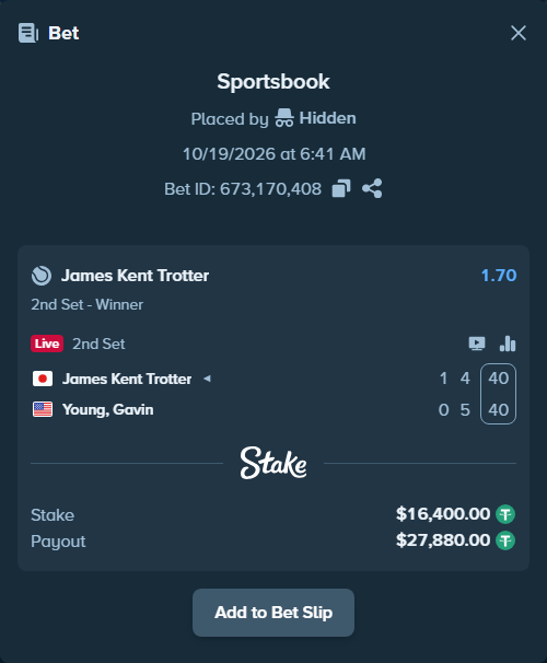 Bet slip: James Kent Trotter - Young, Gavin, $16,416.40 stake at 1.70 odds, placed by Kriski99