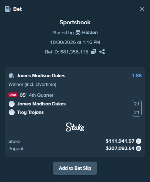 Bet slip: James Madison Dukes - Troy Trojans, $114,470.83 stake at 1.85 odds, placed by Prettylfacko98